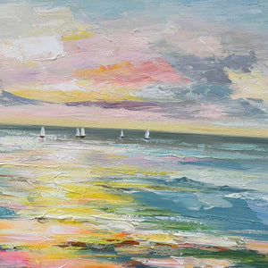 SUNSET SAIL- Seascape Painting, Impasto Texture, Ocean View, Panoramic Wall Art, Horizontal