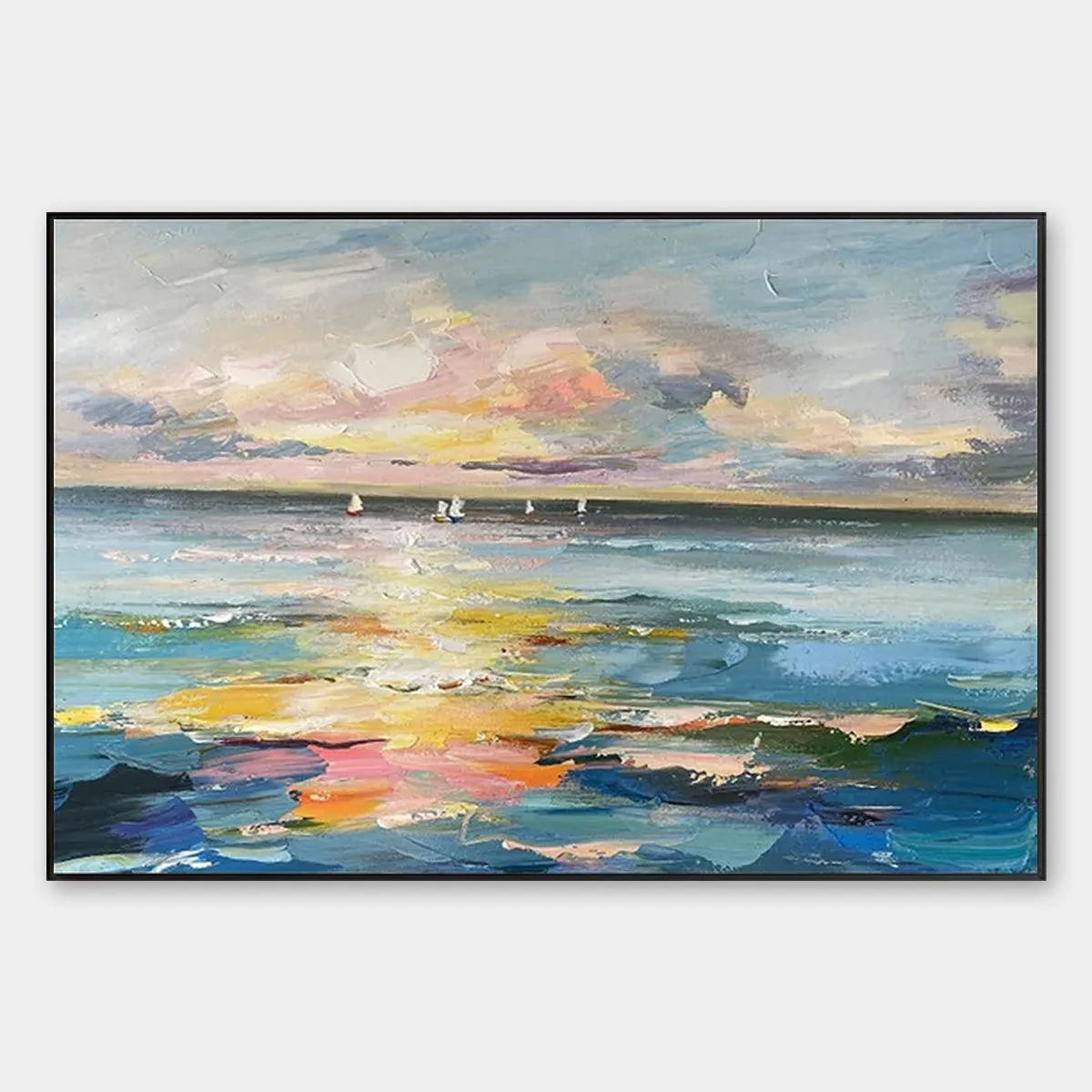 Seascape Painting, Impasto Texture, Ocean View, Panoramic Wall Art, Horizontal