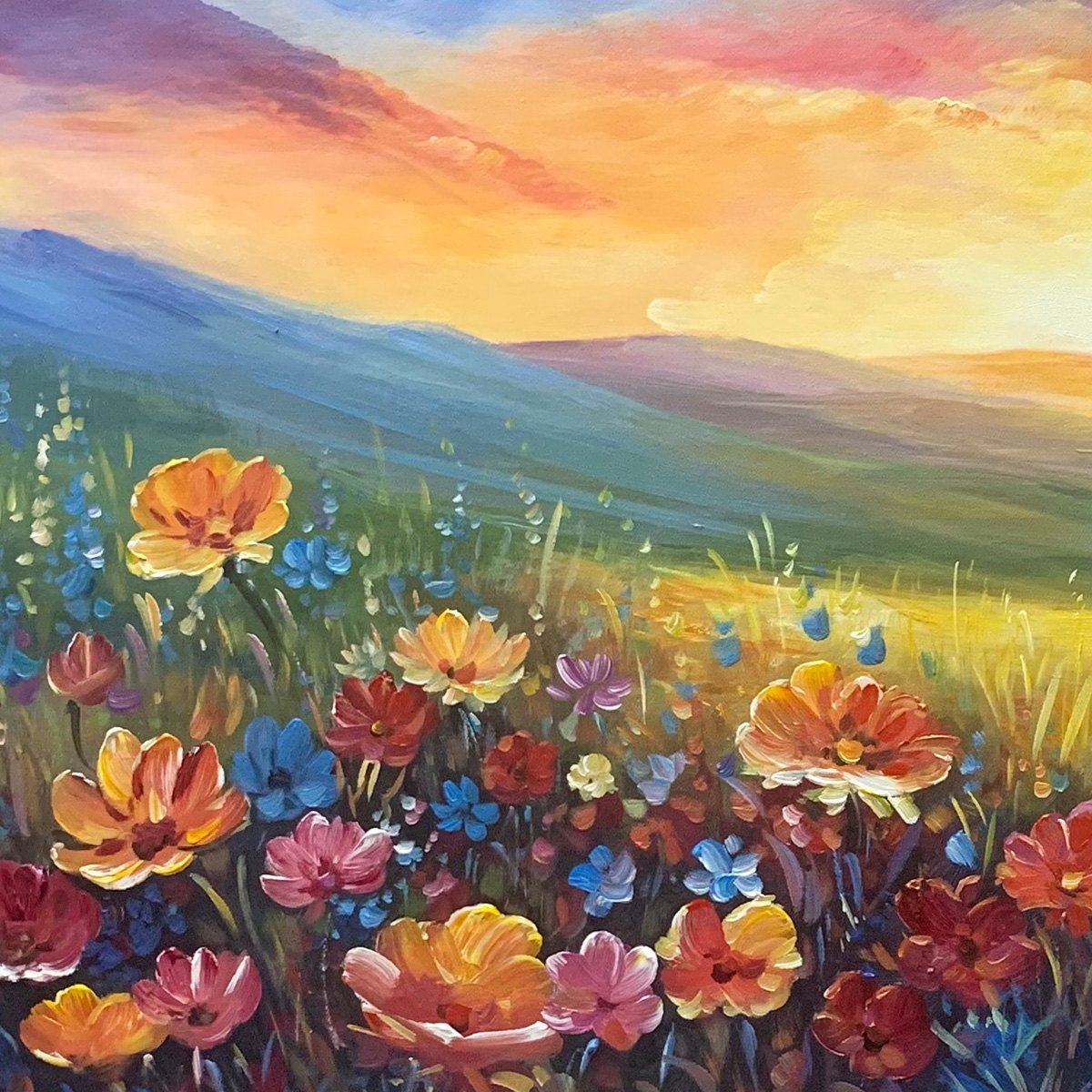 SUNSET SERENADE- Textured Floral Landscape Painting, Impasto Wall Art, Horizontal Canvas, Sunset Decor