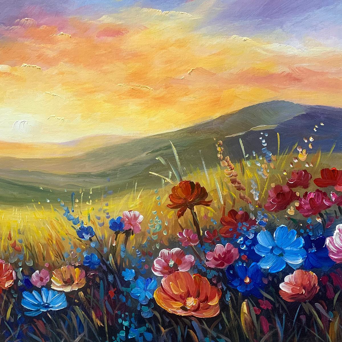 SUNSET SERENADE- Textured Floral Landscape Painting, Impasto Wall Art, Horizontal Canvas, Sunset Decor