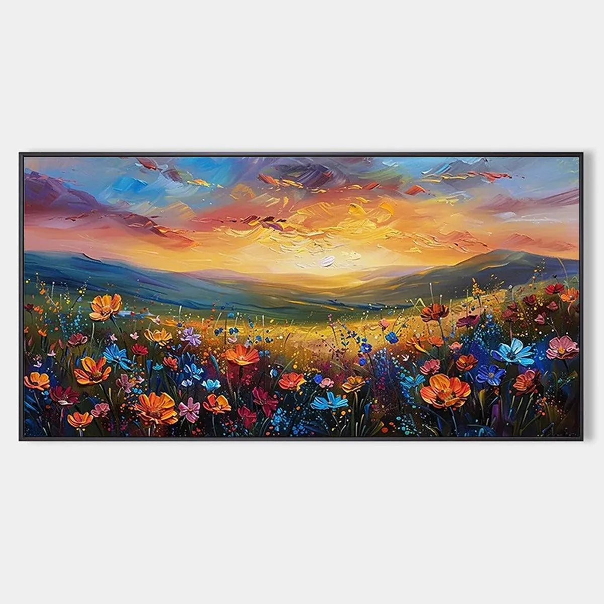 Textured Floral Landscape Painting, Impasto Wall Art, Horizontal Canvas, Sunset Decor