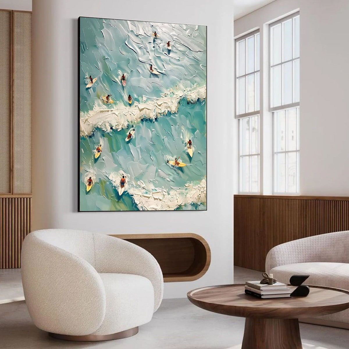SURF'S UP: Textured Aerial View of Surfers Oil Painting