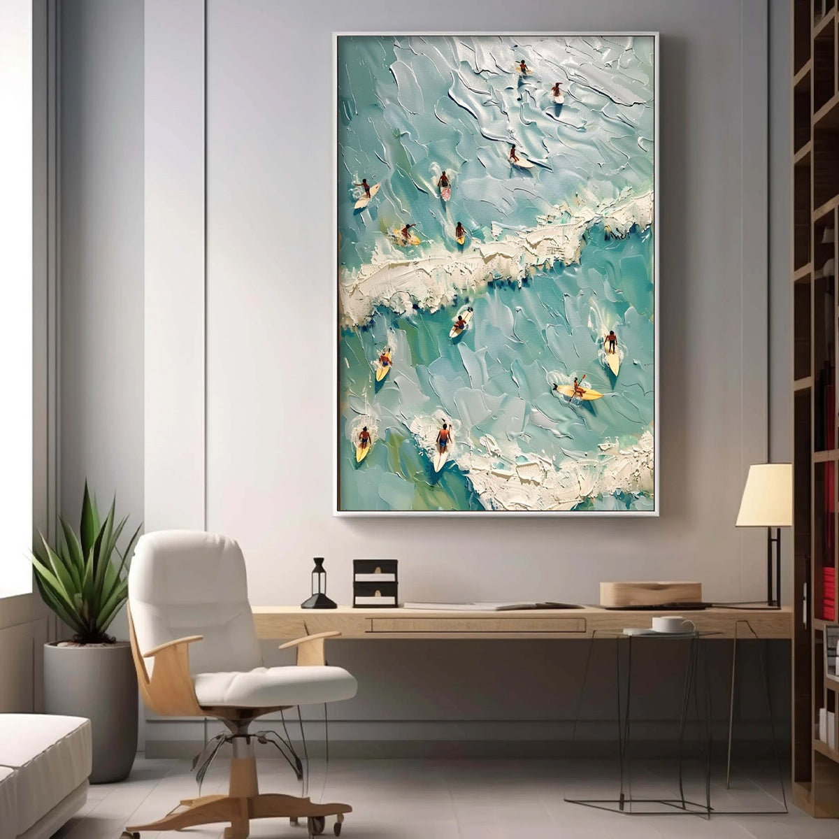 SURF'S UP: Textured Aerial View of Surfers Oil Painting