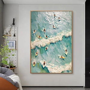 Surf's Up: Original Aerial View Surfers Oil Painting - Textured Ocean Wall Art Decor