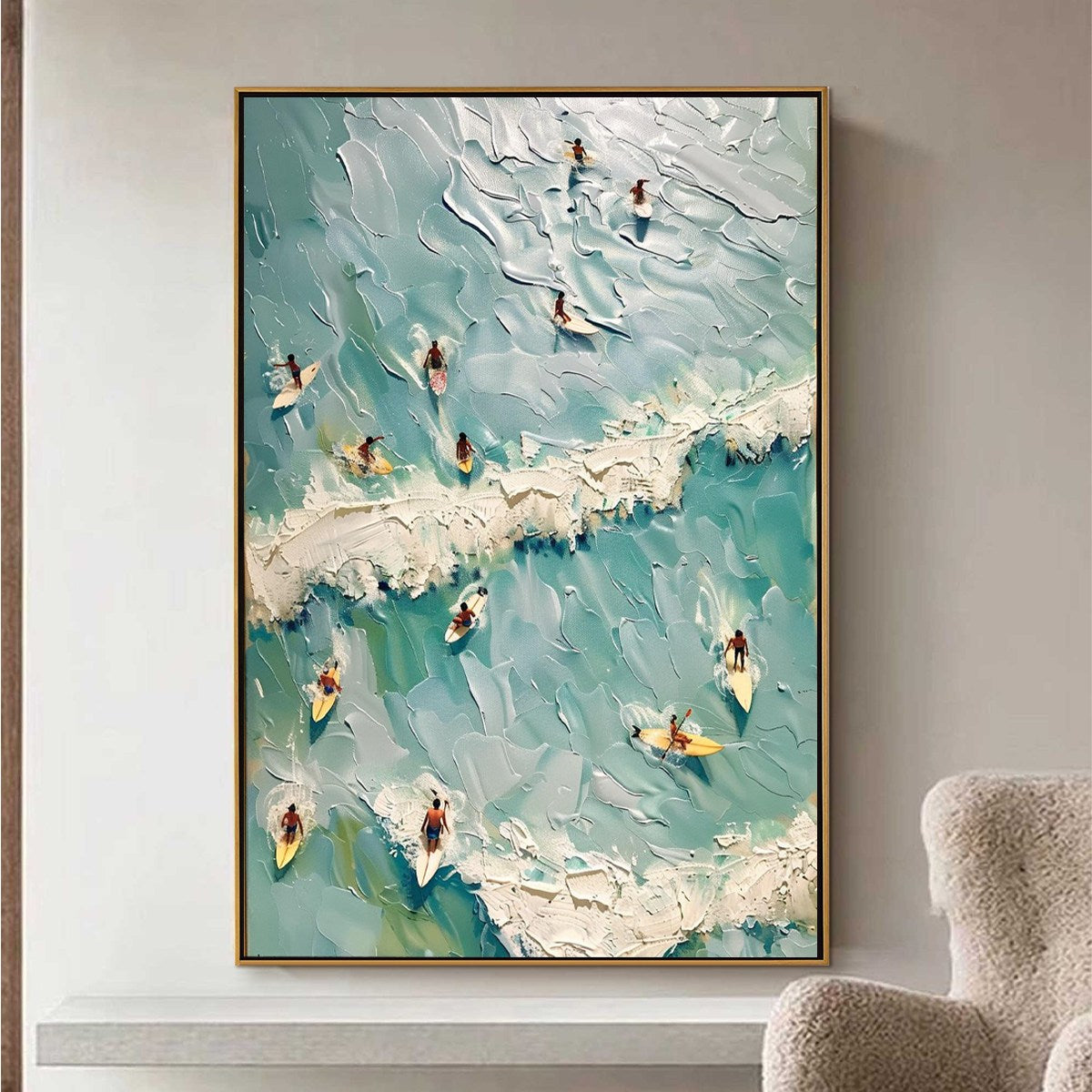 SURF'S UP: Textured Aerial View of Surfers Oil Painting