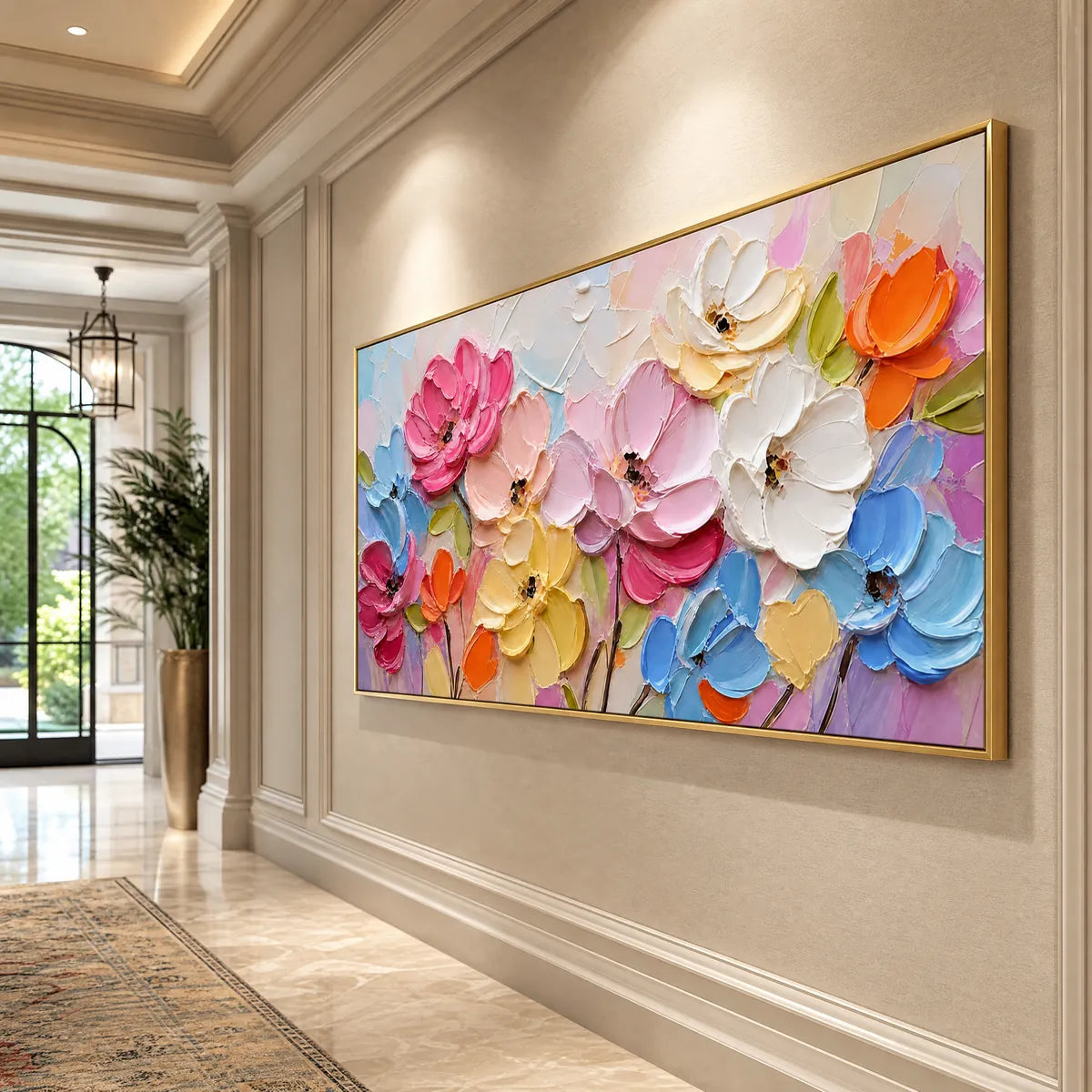 Colorful impasto floral wall art in gold frame, abstract handmade oil painting