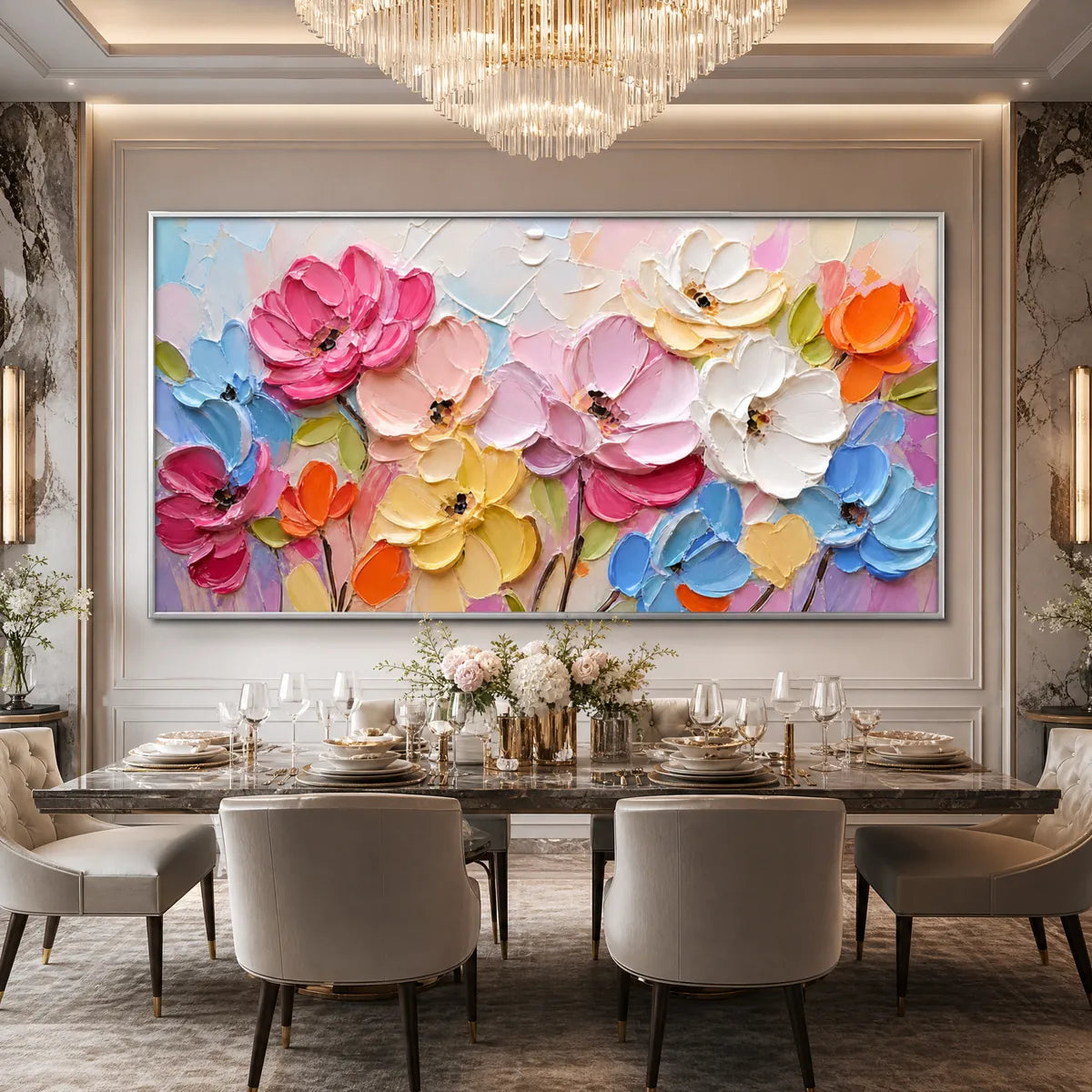 Colorful impasto floral oil painting with palette knife texture above a luxury dining table
