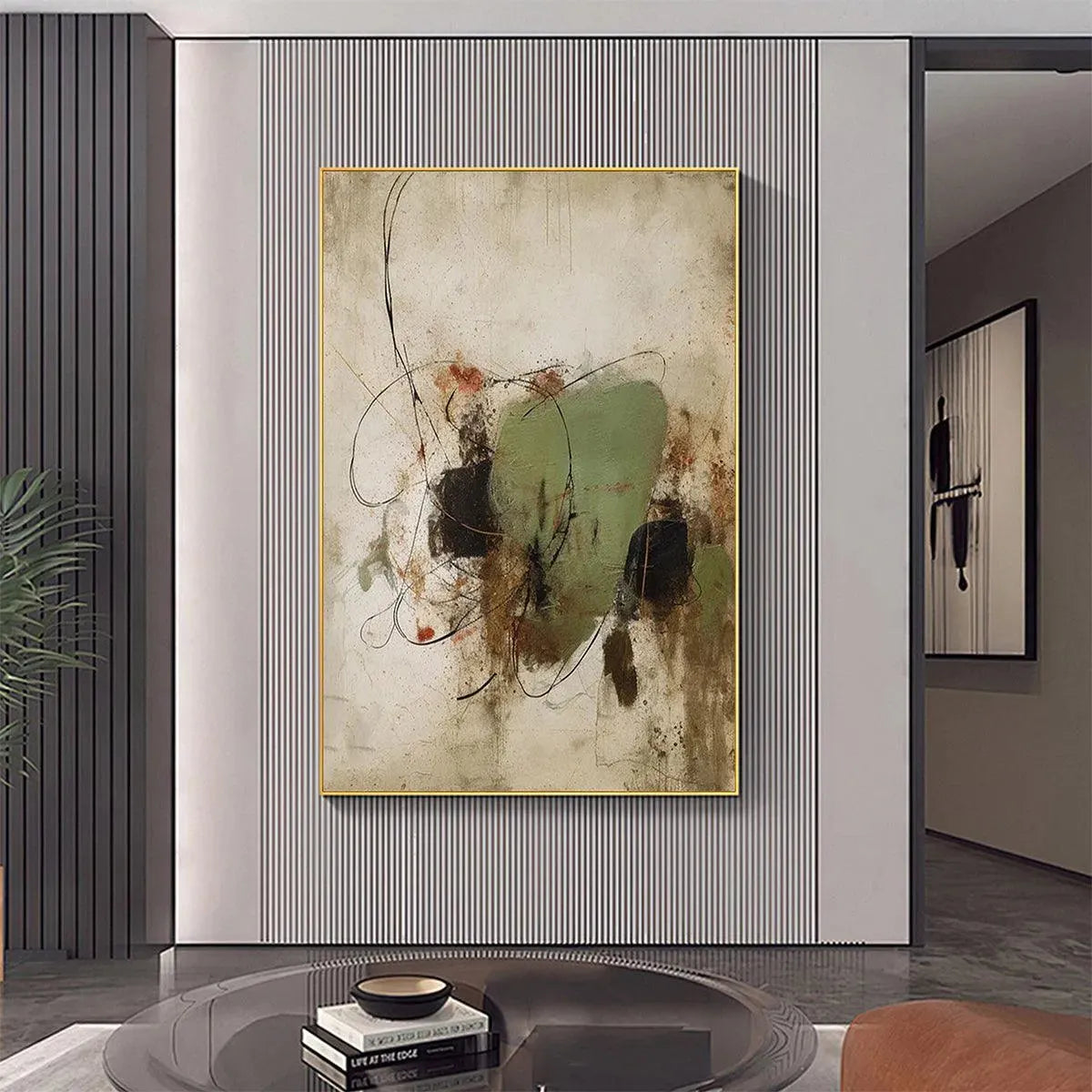 SAGE ABSTRACT vertical painting: sage green, brown, black abstract shapes, fluid lines, golden frame.