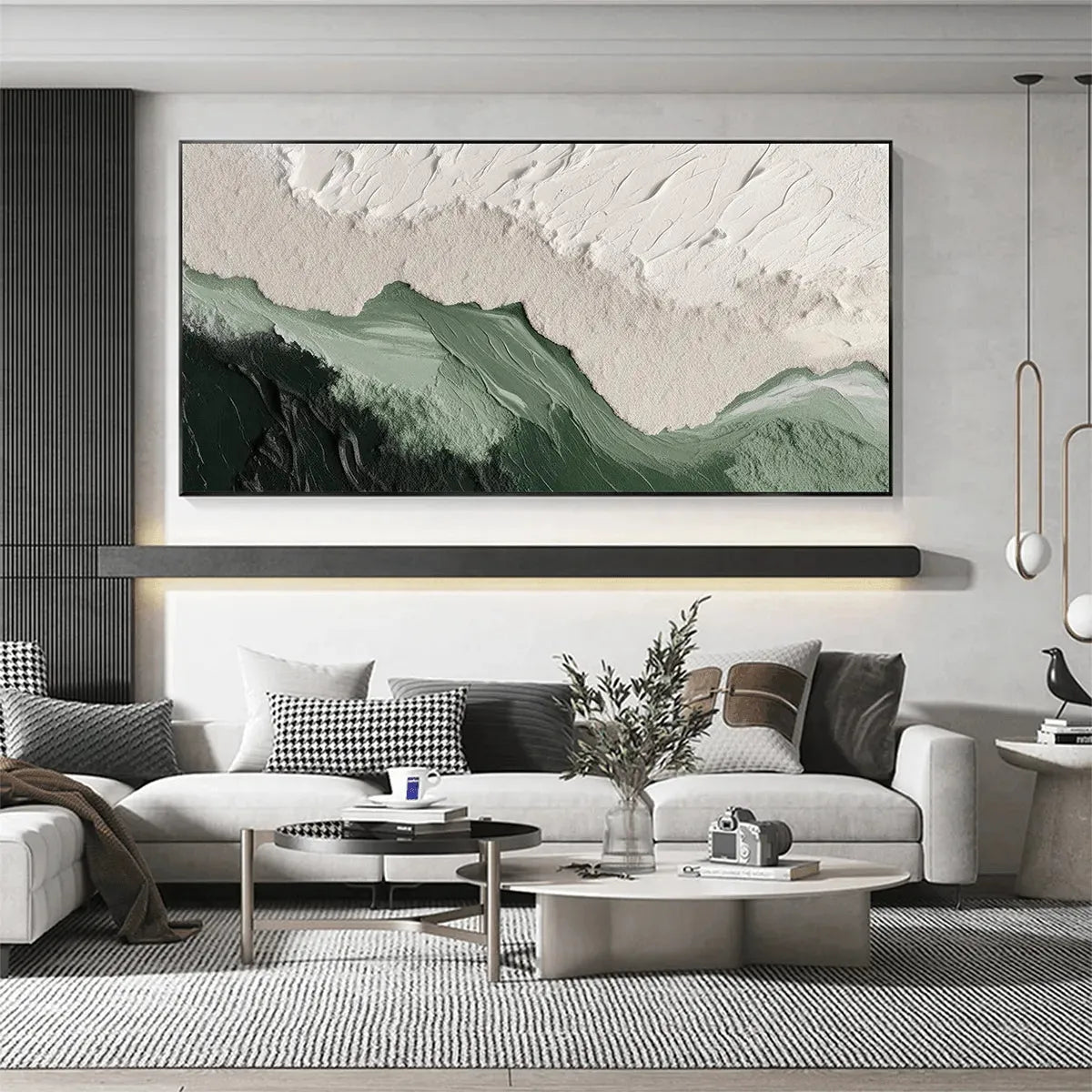 Textured Sage River impasto painting with green & white, complementing a modern living room setup with a grey sofa.