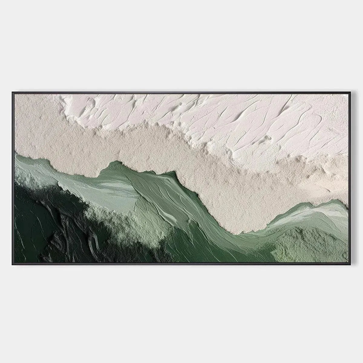 Textured abstract impasto painting, Sage River, in sage green, deep forest green & white for living room.