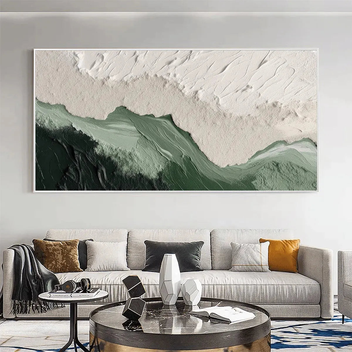 Sage River textured abstract impasto painting in green and white, displayed above a grey sofa in a modern living room.