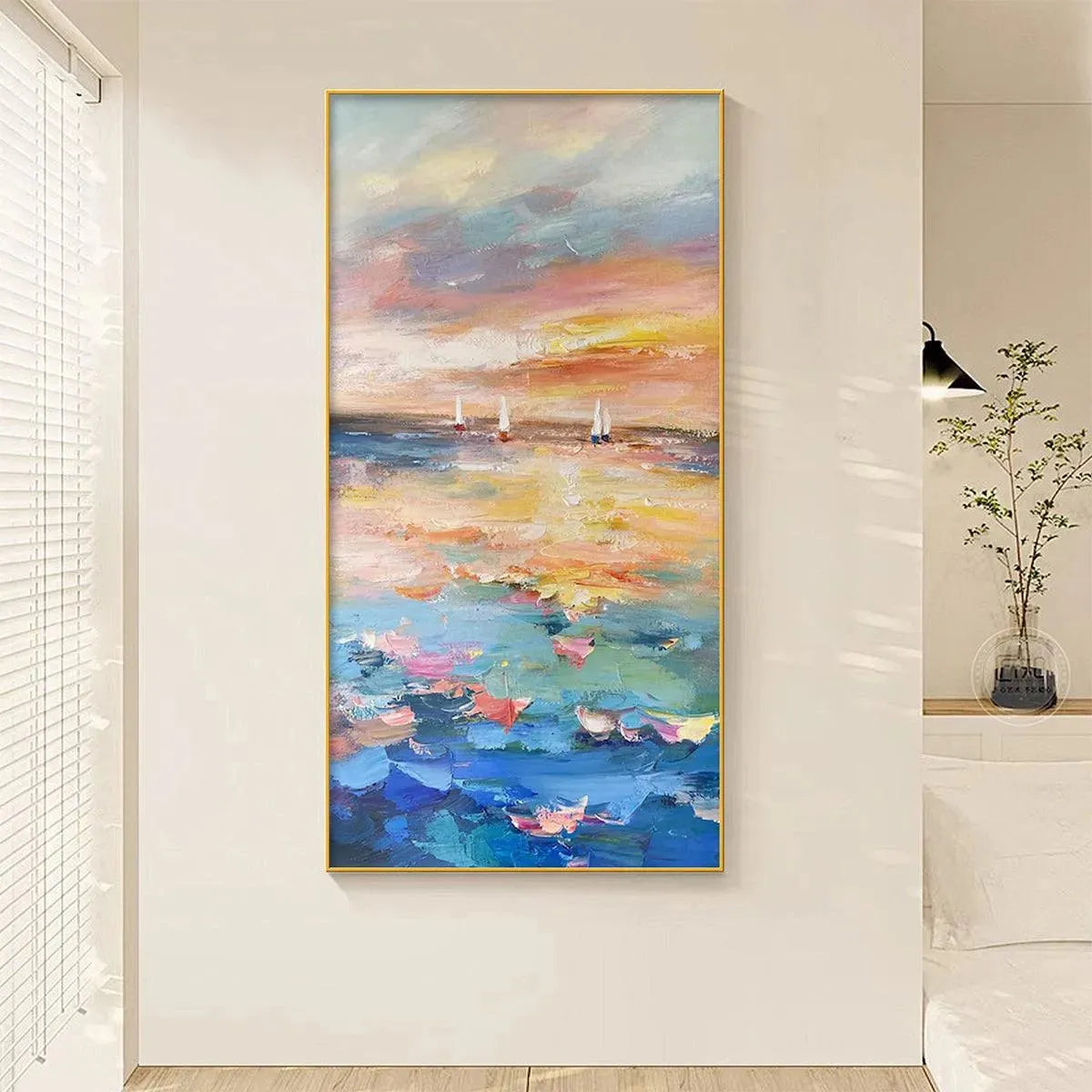 Sailing at Sunset: Colorful Seascape Painting | Textured Wall Art | Vertical Canvas | Beach Decor