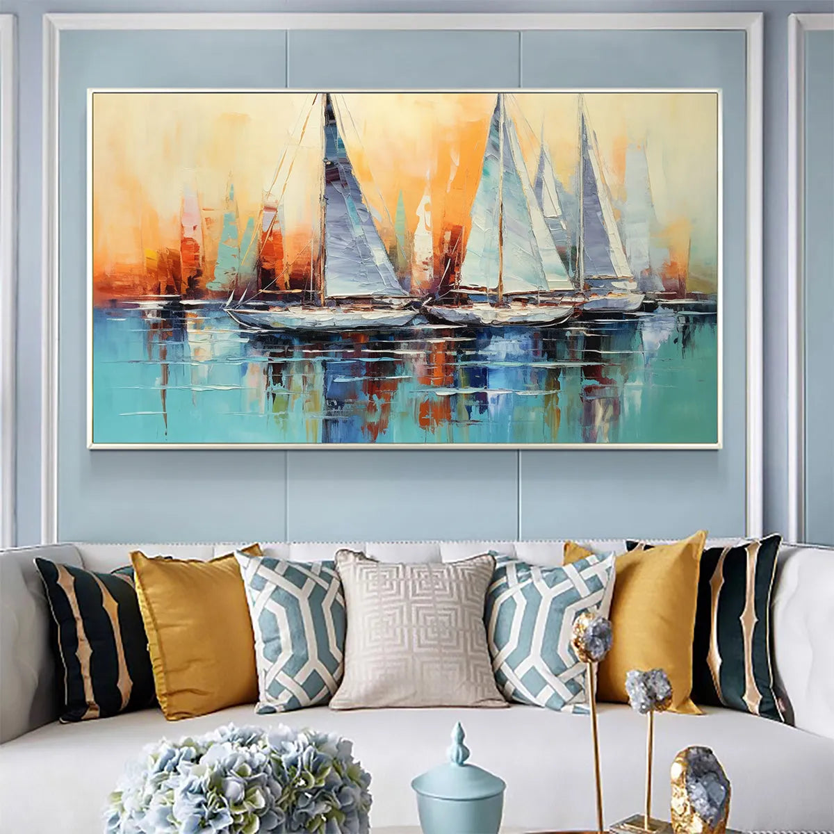 Sailing at Sunset: Panoramic Sailboat Painting | Coastal Wall Art | Blue & Orange | Living Room, Bedroom, Office