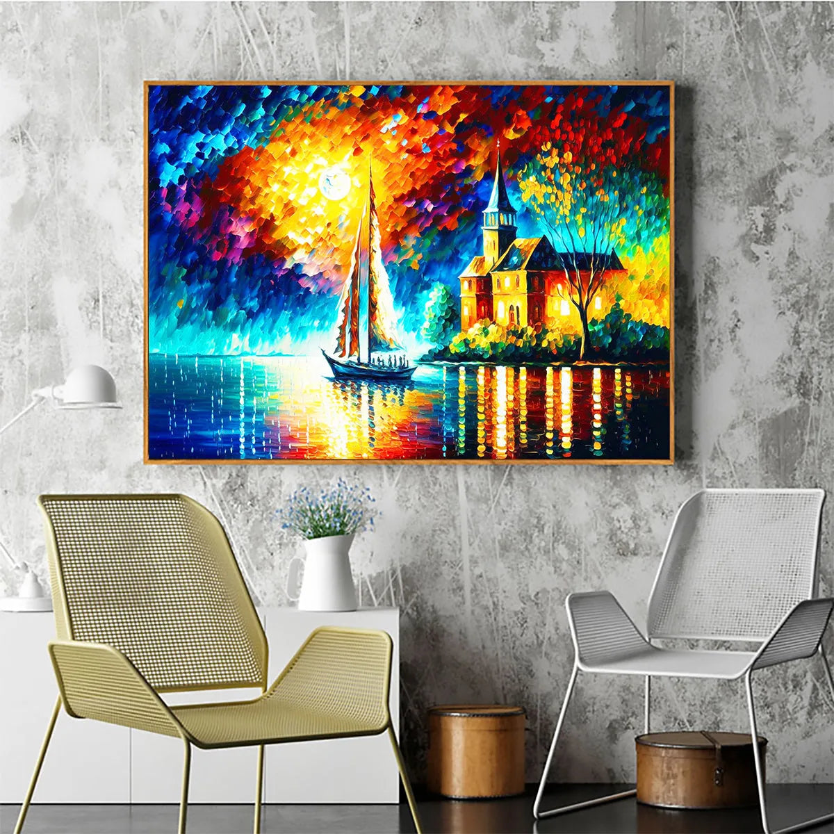 Sanctuary by the Sea: Coastal Landscape Oil Painting with Sailboat and Church on Canvas