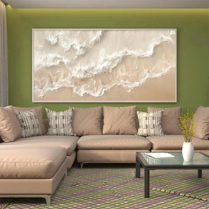 Sandy Whispers painting by Liam O'Connell, horizontal wall art, beige and white tones, in a modern living room setting.