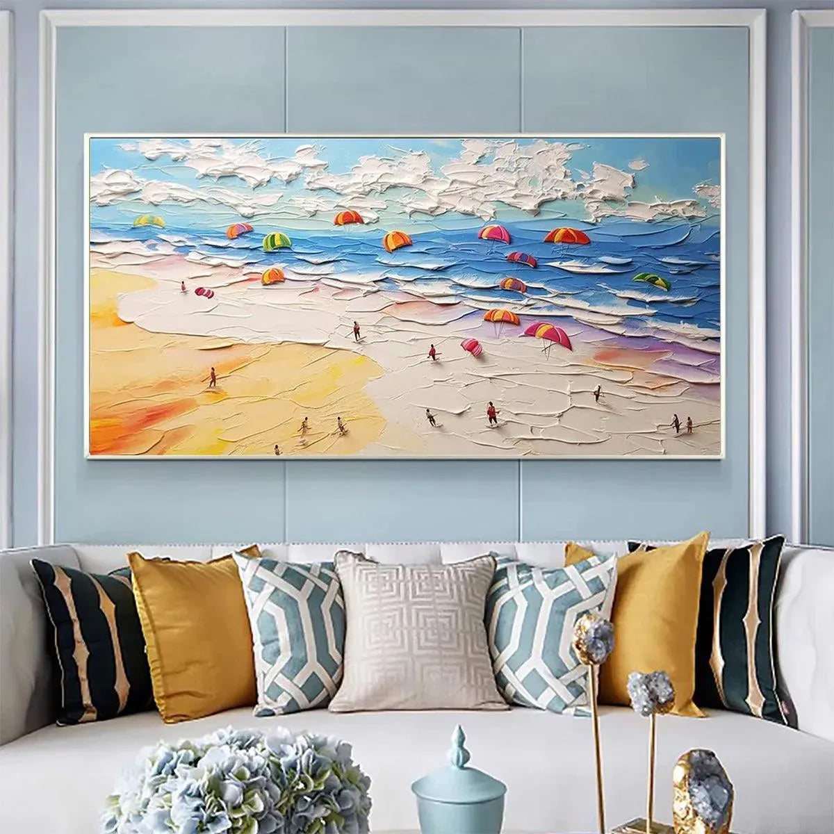 Seaside Celebration beach painting by Liam O'Connell, impasto art with colorful umbrellas, framed