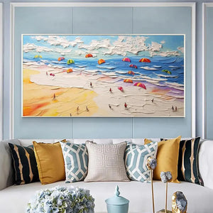Seaside Celebration beach painting by Liam O'Connell, impasto art with colorful umbrellas, framed