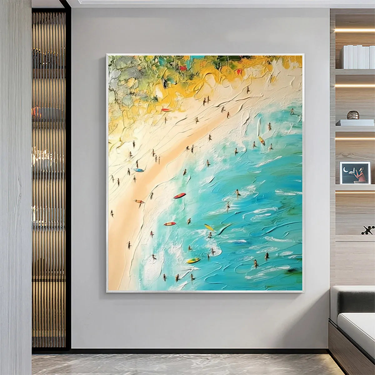 Seaside Reverie: Impasto Beach Scene Oil Painting with Figures on Canvas