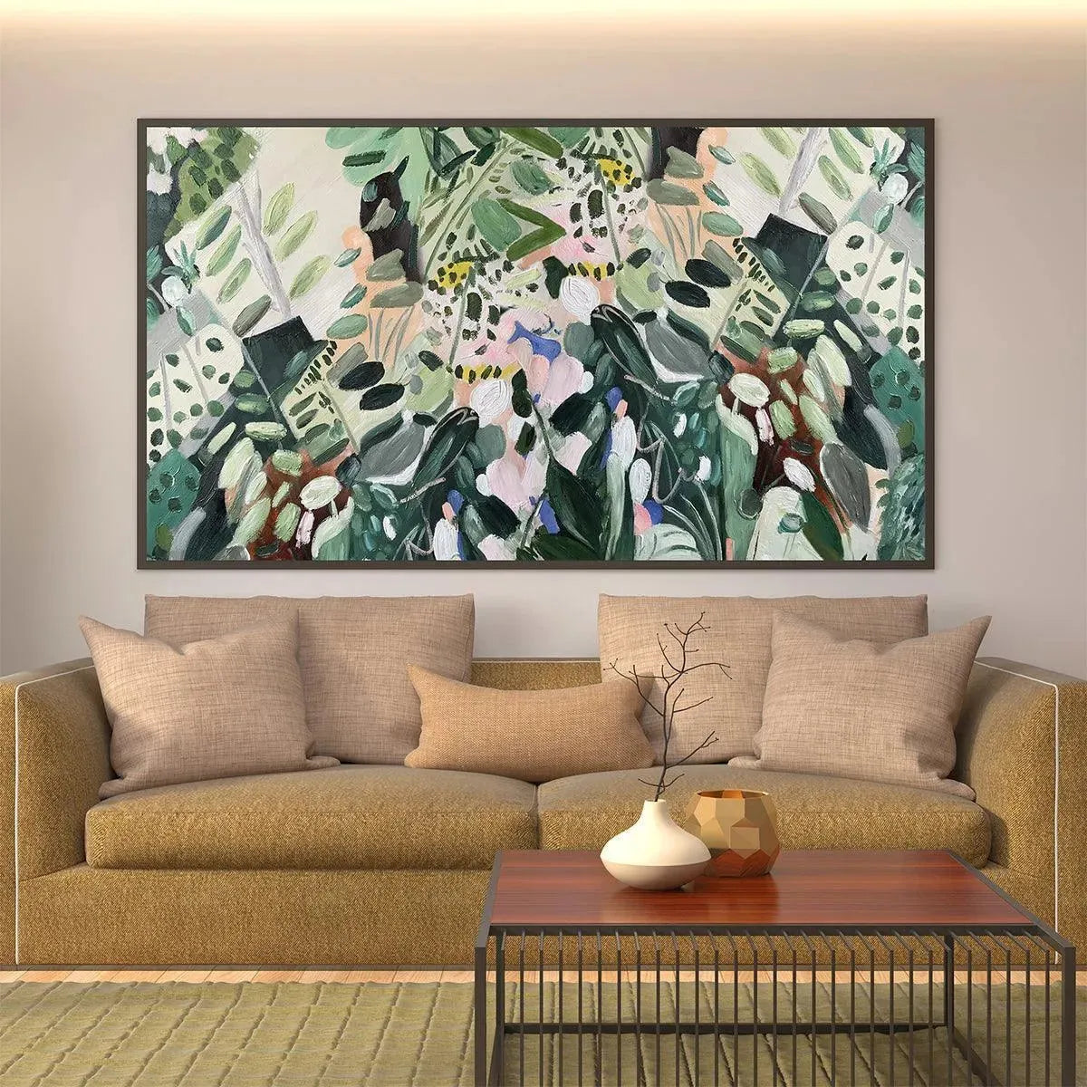 Elodie Dubois 'Secret Garden' panoramic impressionist painting, lush green foliage with floral accents, styled room view.