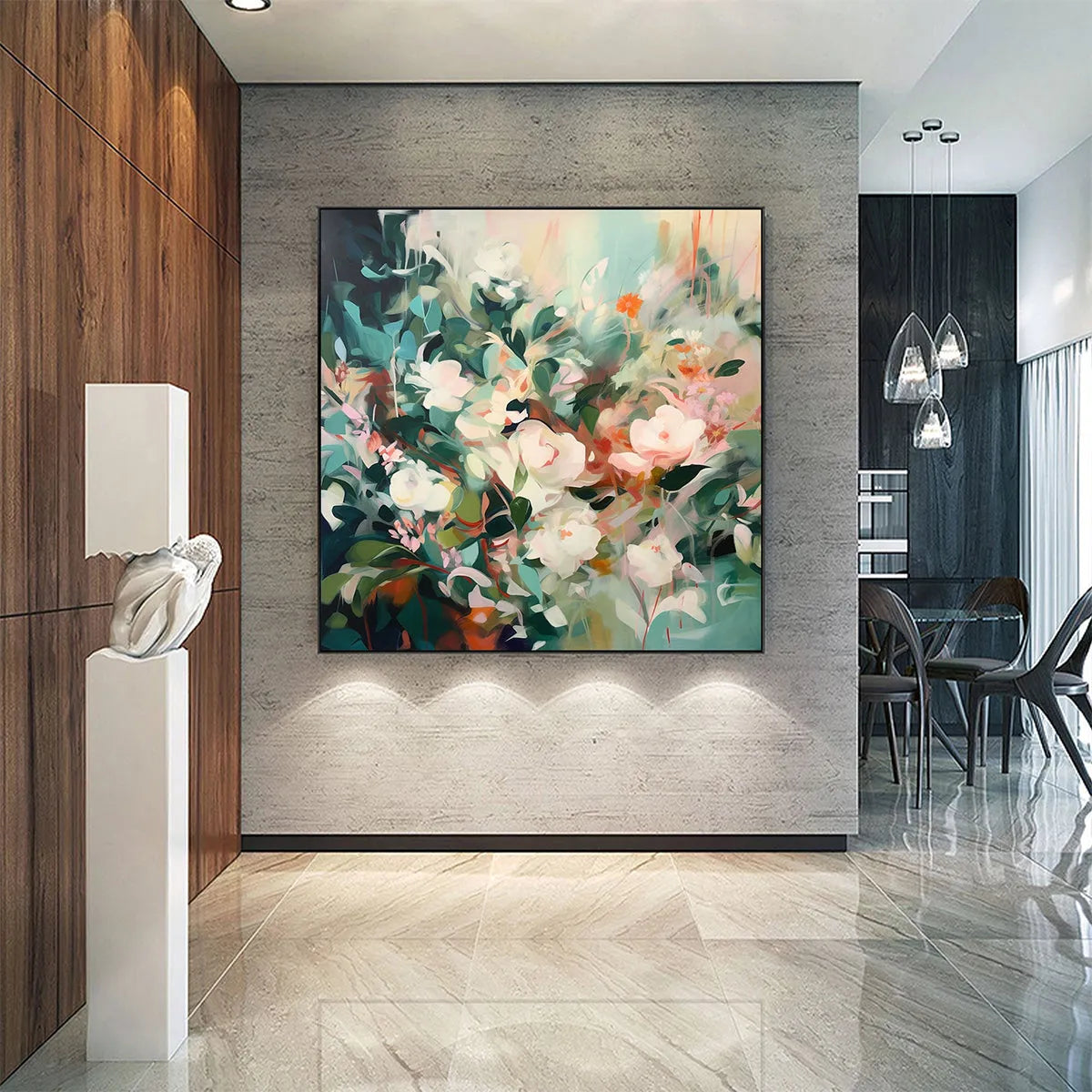 Secret Garden: Square Impressionistic Floral Oil Painting in Soft Hues on Canvas