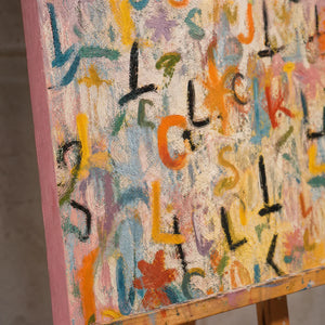 Close-up detail of Letter Garden showing hand-painted texture and part of the frame