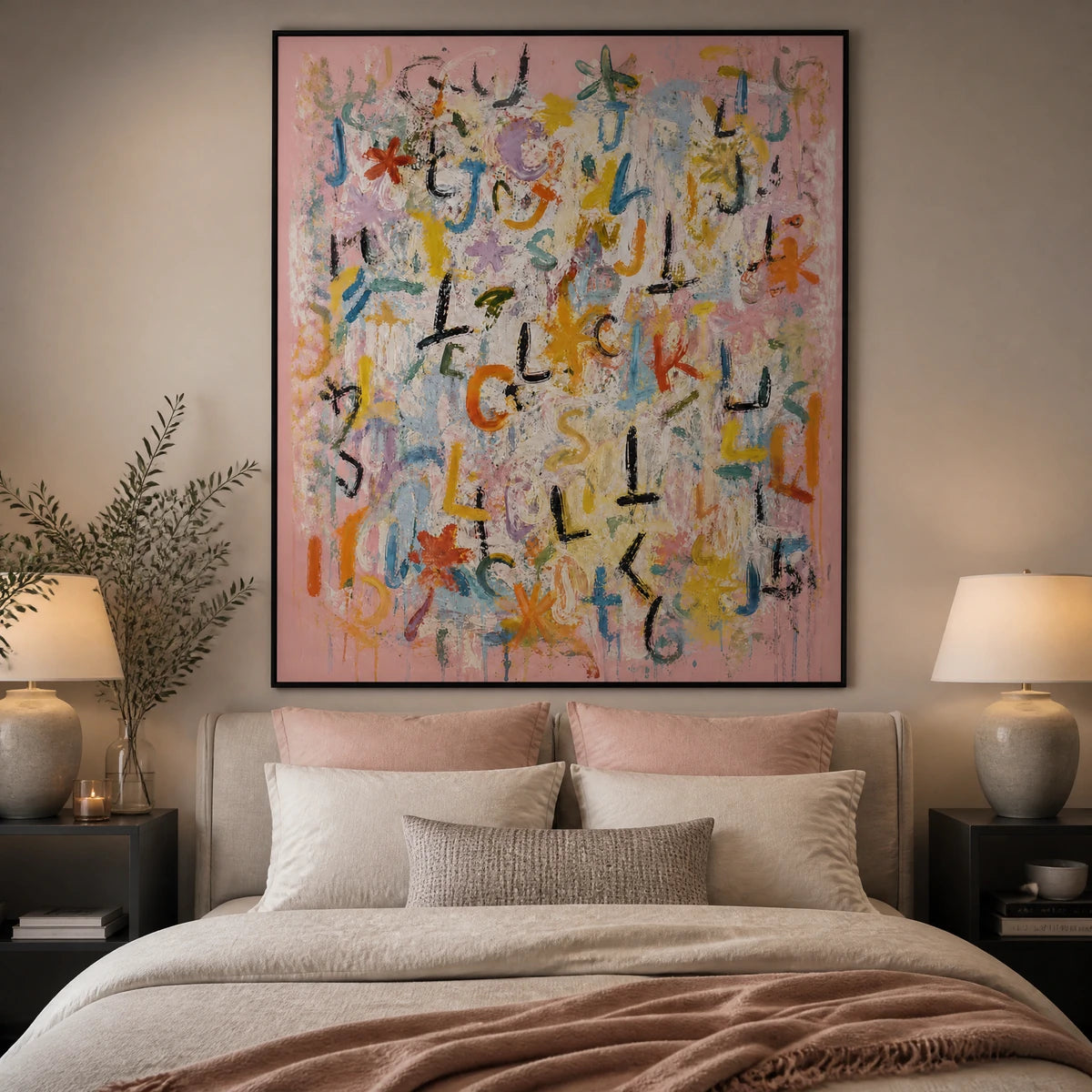 Letter Garden in a refined bedroom with black frame