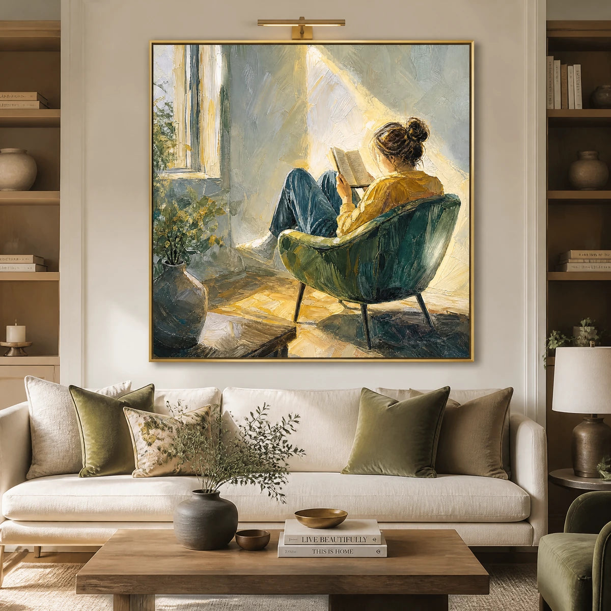 Sunlit Reading in a refined living room with gold frame
