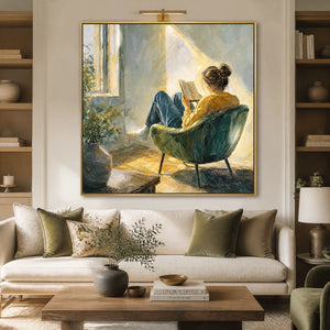 Sunlit Reading in a refined living room with gold frame