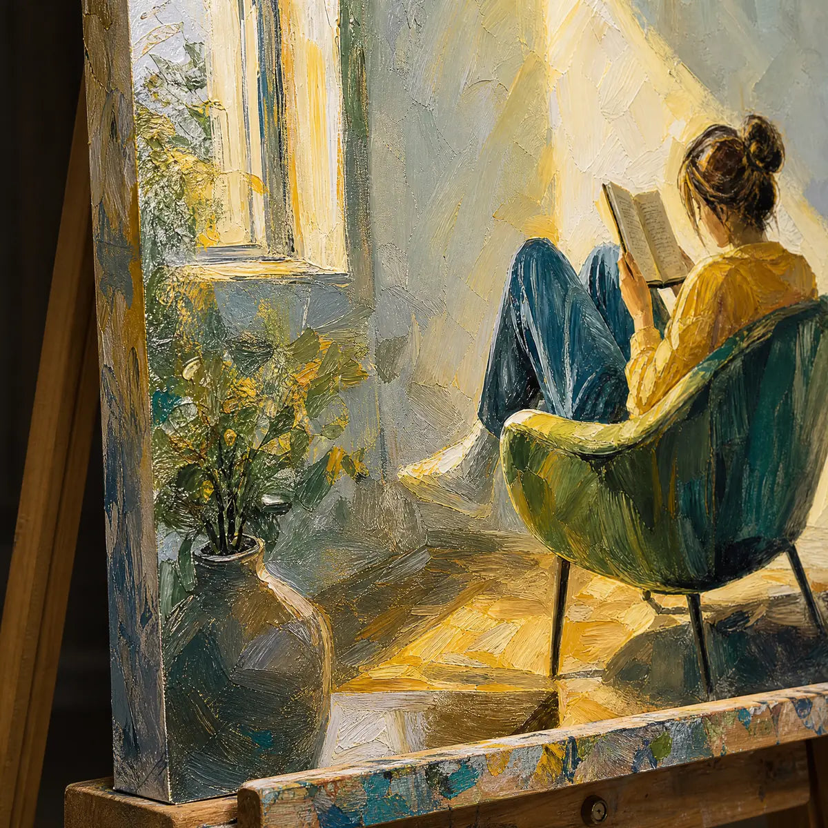 Close-up detail of Sunlit Reading showing hand-painted texture and part of the frame