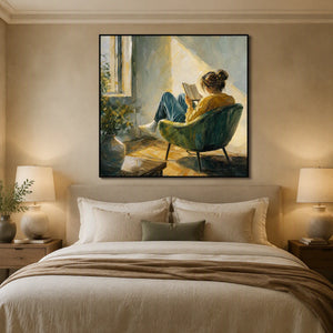 Sunlit Reading in a refined bedroom with black frame
