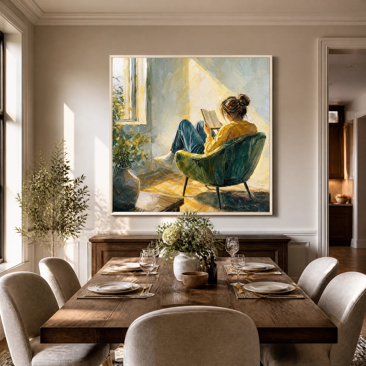 Sunlit Reading in a refined dining room with white frame