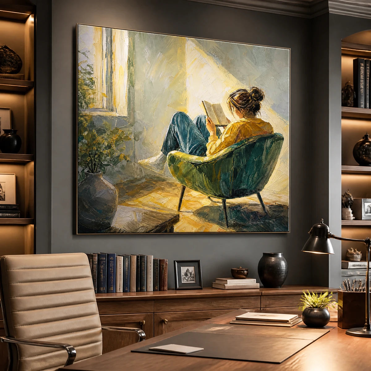 Sunlit Reading in a refined office, frameless