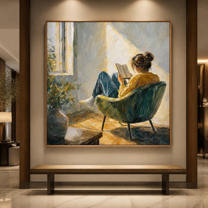 Sunlit Reading in a refined hotel interior with wood frame