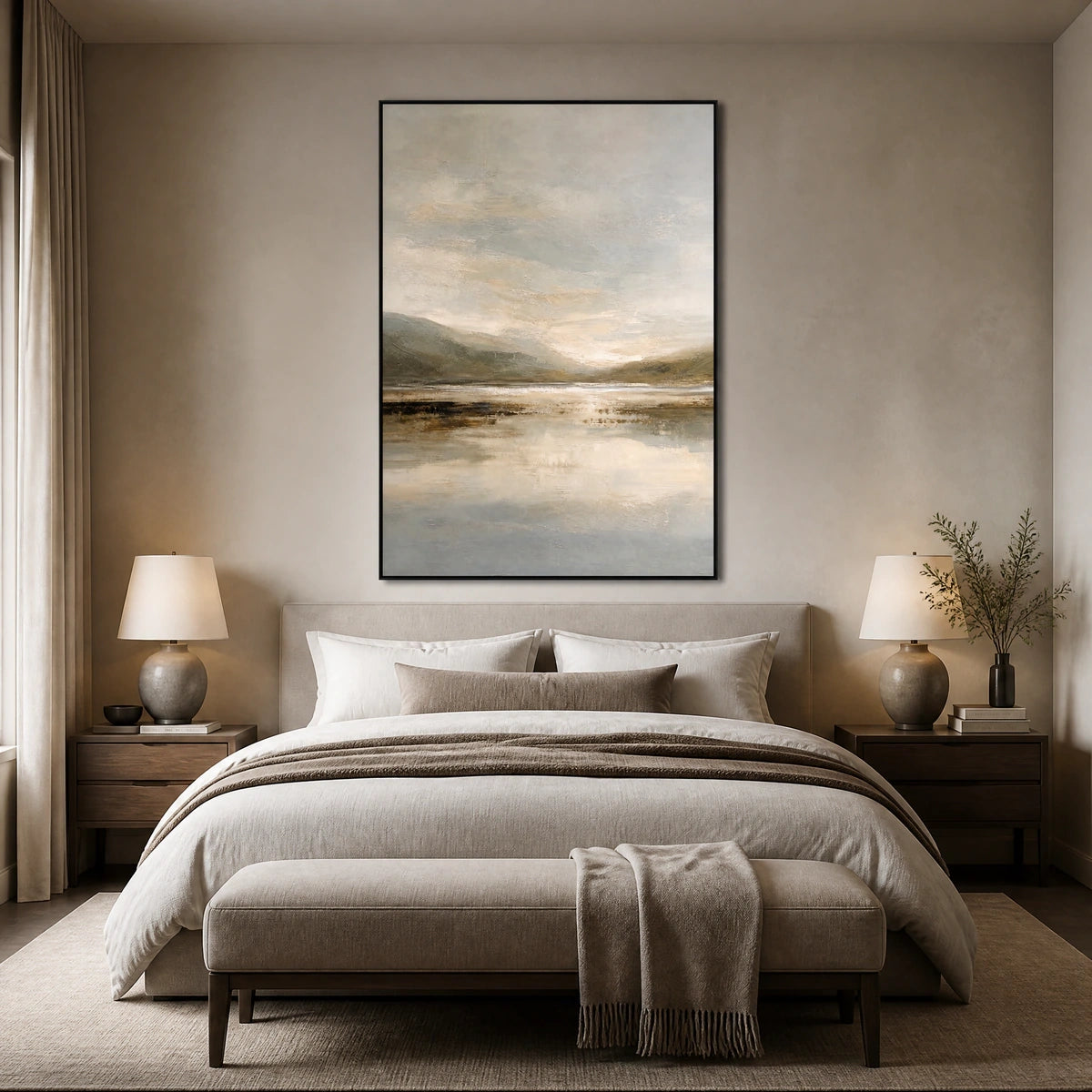 Silver Estuary in a refined bedroom with black frame