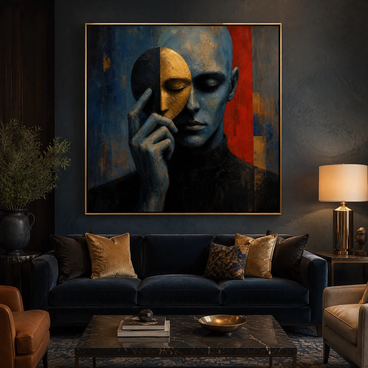 Masked Reverie in a refined living room with gold frame
