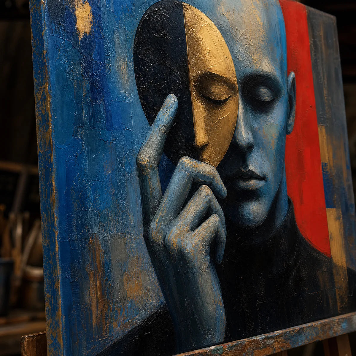 Close-up detail of Masked Reverie showing hand-painted texture and part of the frame