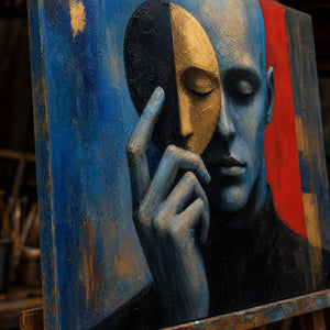 Close-up detail of Masked Reverie showing hand-painted texture and part of the frame