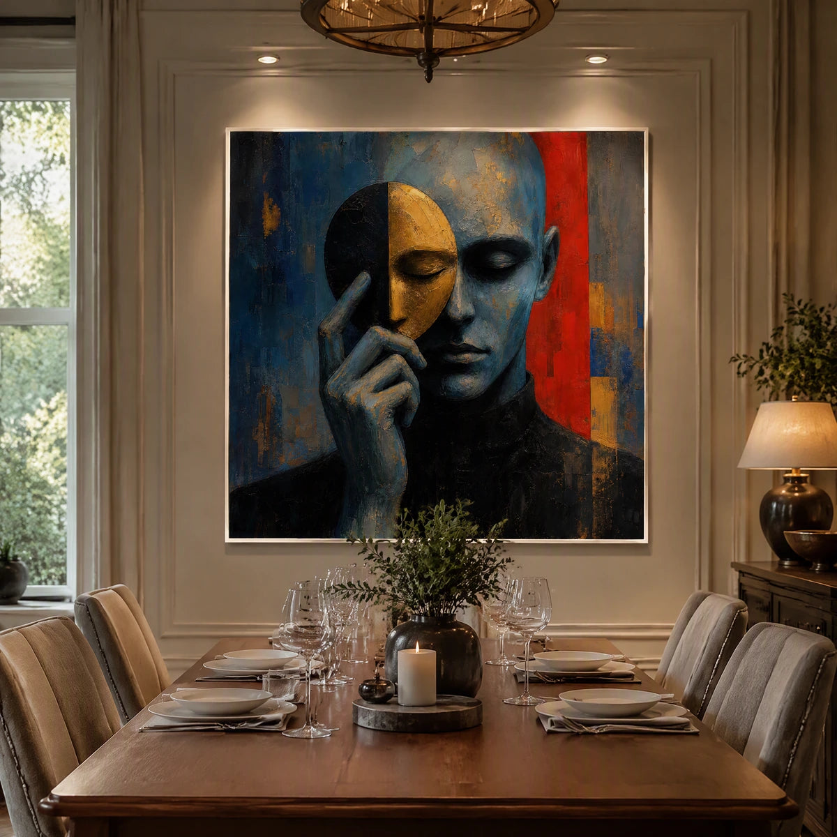 Masked Reverie in a refined dining room with white frame
