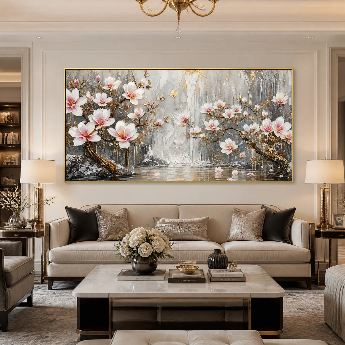 Magnolia Horizon in a refined living room with gold frame