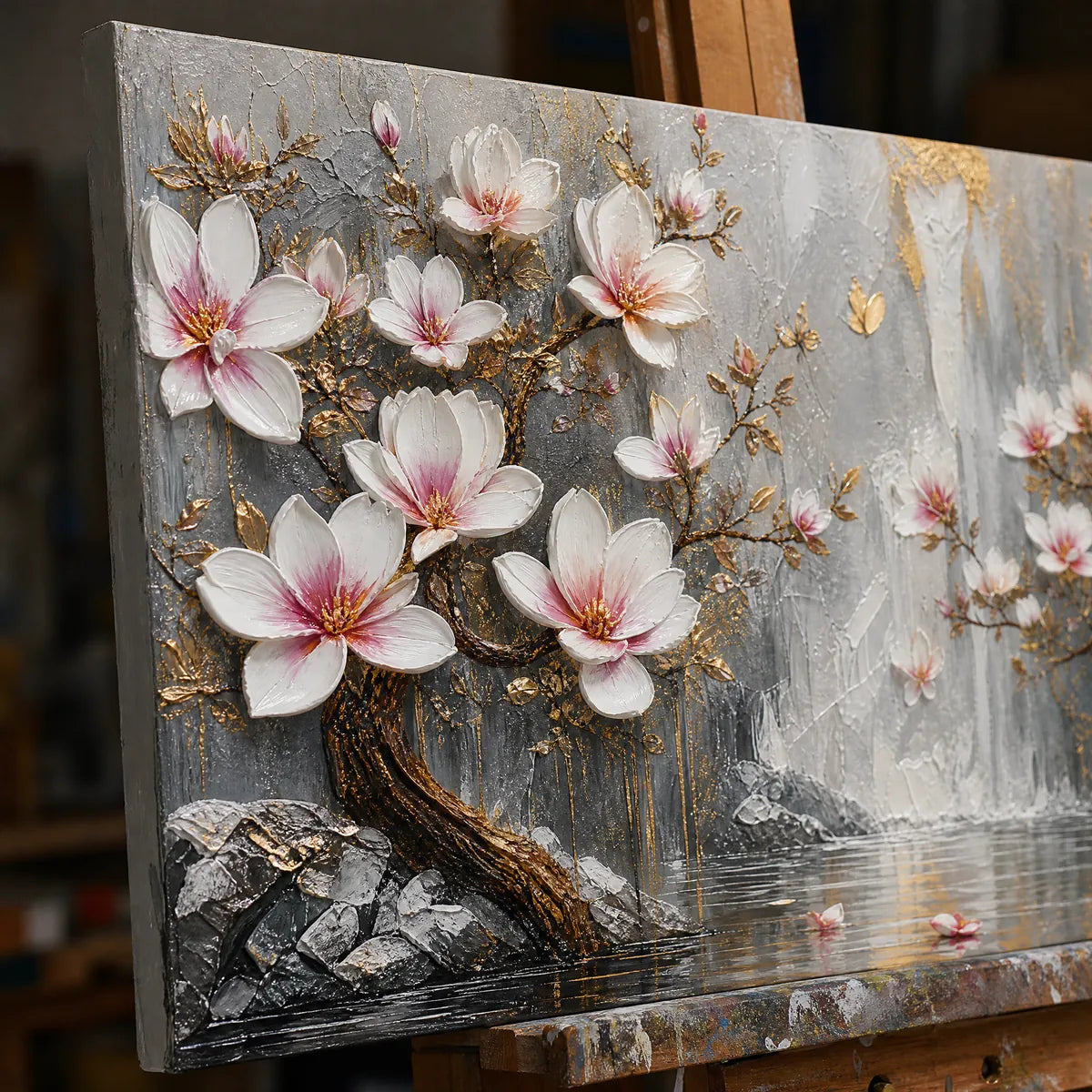 Close-up detail of Magnolia Horizon showing hand-painted texture and part of the frame