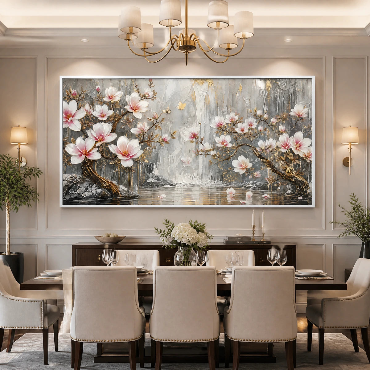 Magnolia Horizon in a refined dining room with white frame