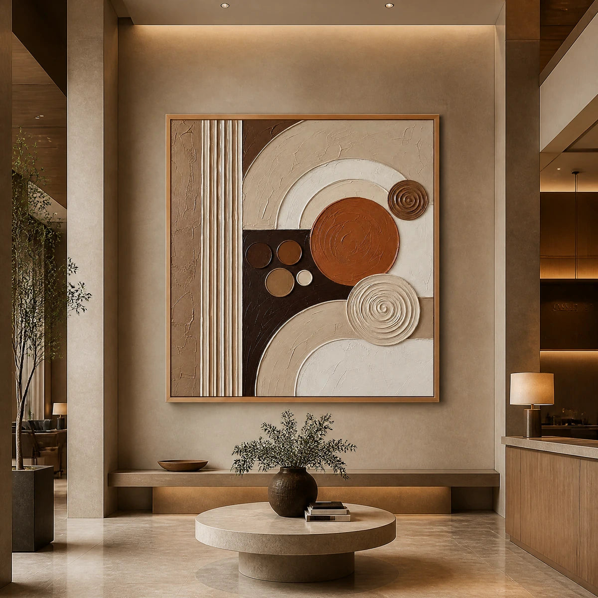Circular Terrain in a refined hotel interior with wood frame
