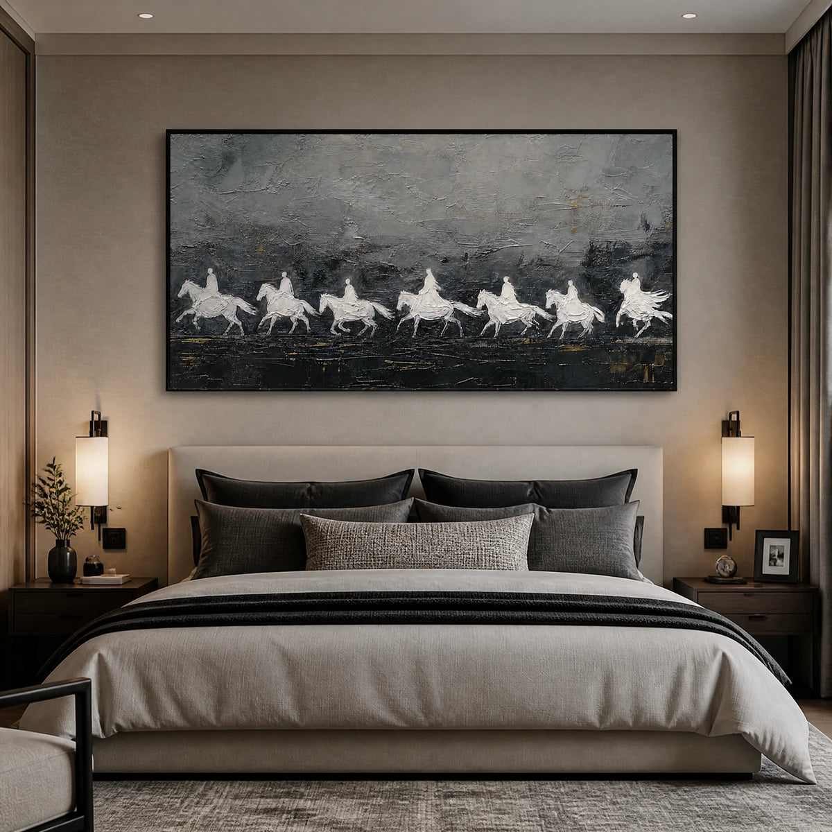 Midnight Cavalcade in a refined bedroom with black frame