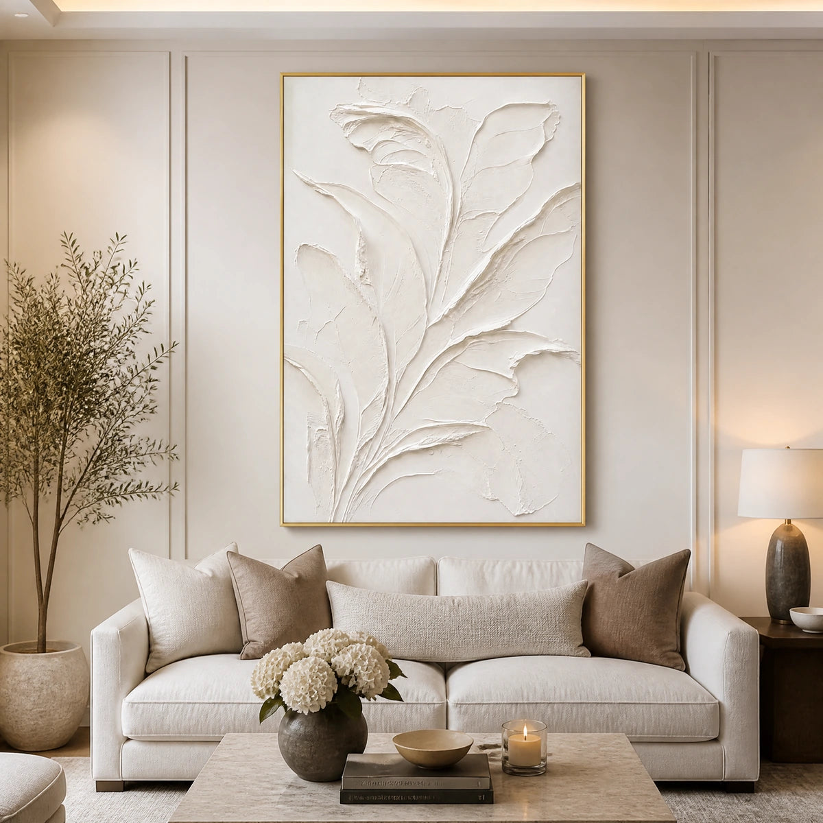 Ivory Botanical Relief in a refined living room with gold frame