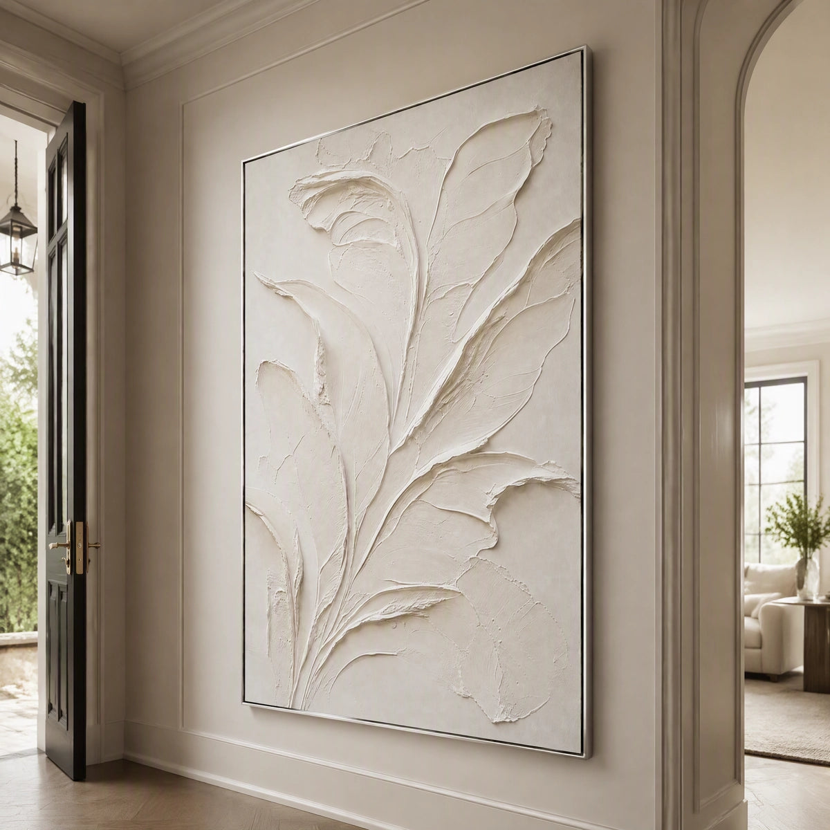Ivory Botanical Relief in a refined entry hall with silver frame