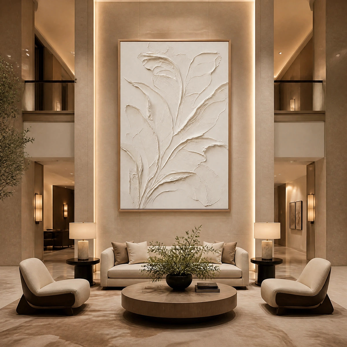 Ivory Botanical Relief in a refined hotel interior with wood frame