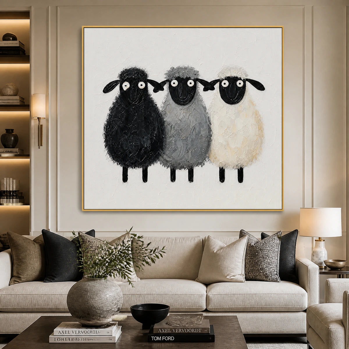 Woolly Trio in a refined living room with gold frame