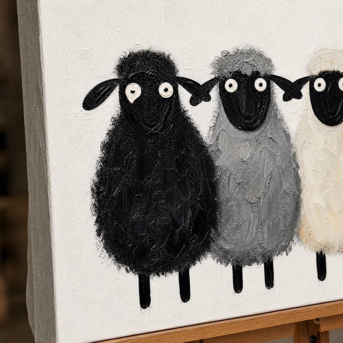 Close-up detail of Woolly Trio showing hand-painted texture and part of the frame