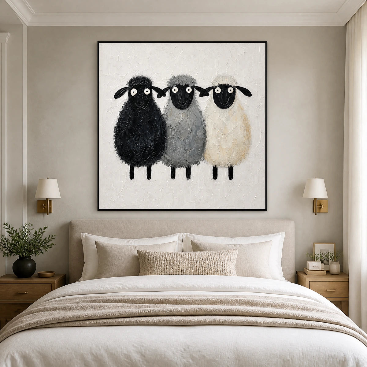 Woolly Trio in a refined bedroom with black frame