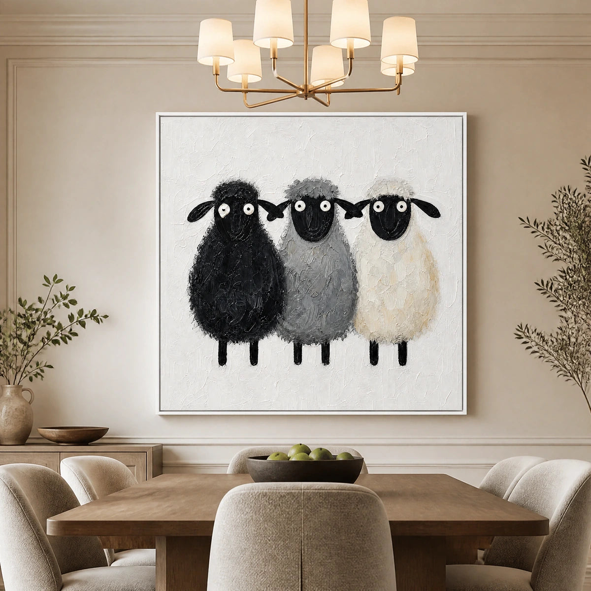 Woolly Trio in a refined dining room with white frame